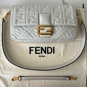 Authentic FENDI Nappa FF Embossed Baguette in White